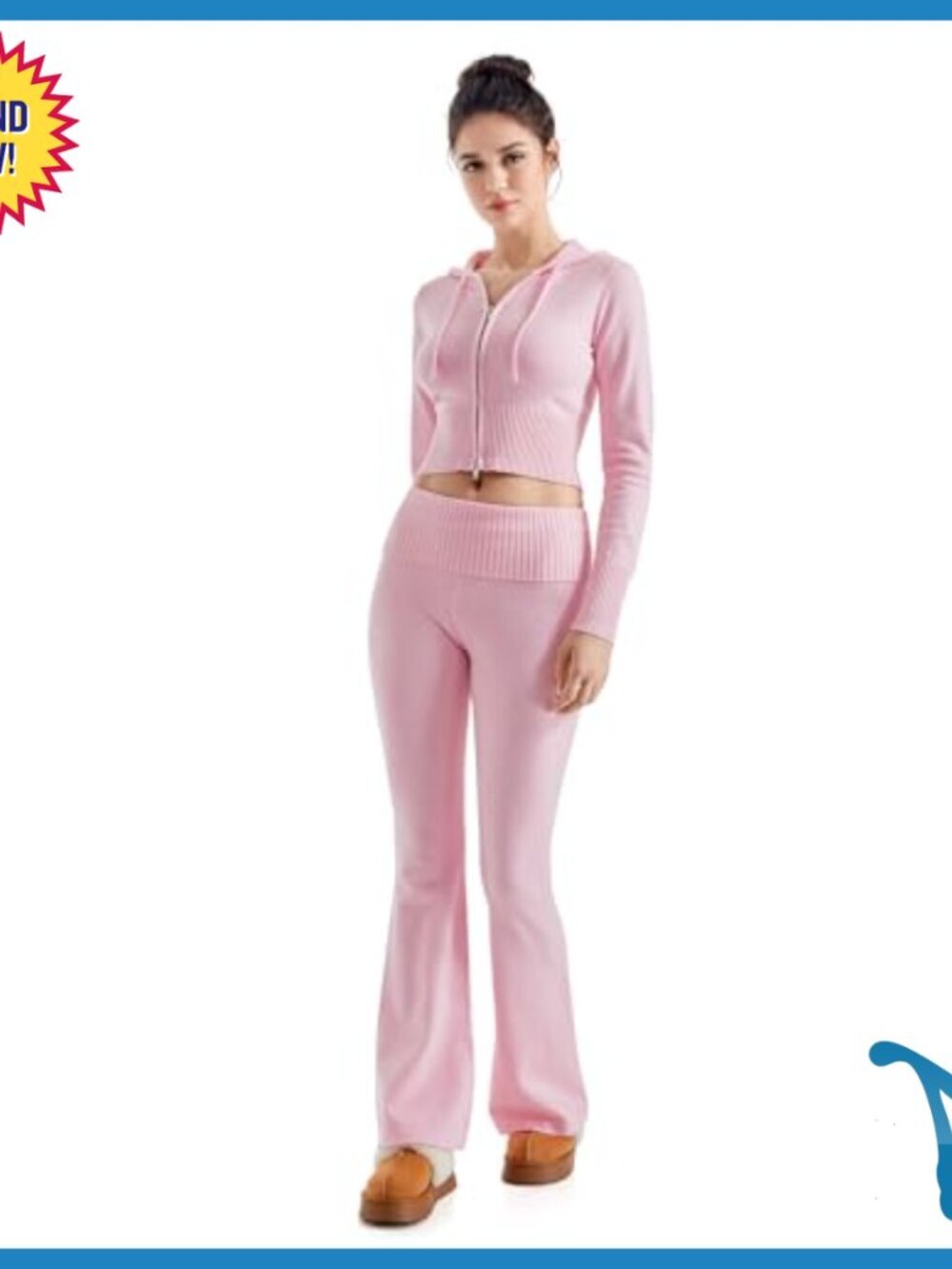 Cropped Zip Hoodie & Flare Pants Set, Knit Activewear, Slim Fit - Picture 5 of 7